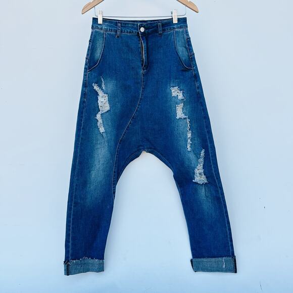 Mia Inspection Stretch Drop Crotch Harem Jeans Distressed 28 Medium Wash - Picture 2 of 9